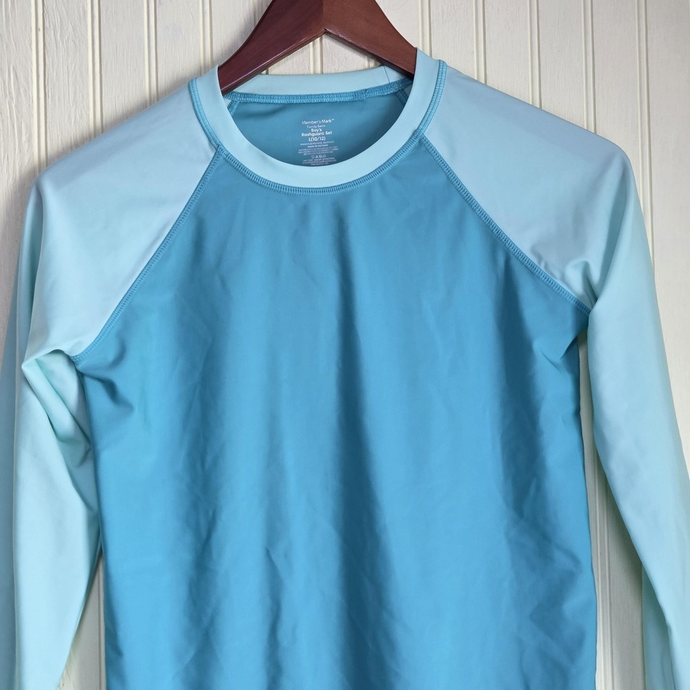 Member's Mark Rash Guard Shirt Boys 10/12 Blue Long Sleeve Swim Top Colorblock
